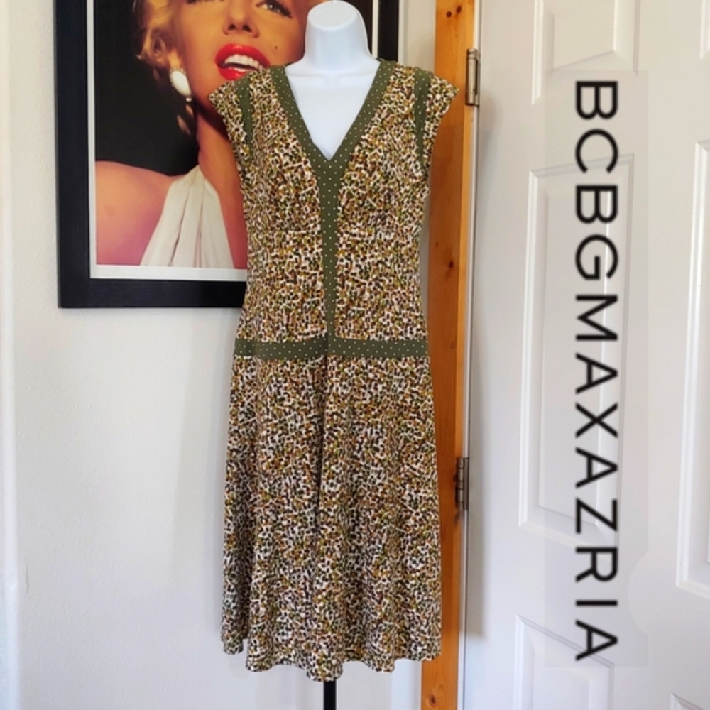 BCBGMAXAZARIA Geometric Dress, Women's Size M, White/Greens/Cream